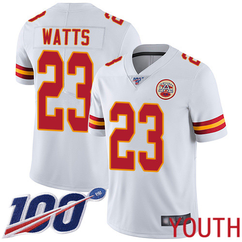 Youth Kansas City Chiefs #23 Watts Armani White Vapor Untouchable Limited Player 100th Season Football Nike NFL Jersey->youth nfl jersey->Youth Jersey